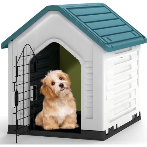 GOPLUS Niche pour Chien Exterieur 67×52×60 CM, Cabane Chien Exterieur en PP Imperméable avec Porte Grillagée Verrouillable, Toit Incliné et Plancher Surélevé, Aérations à Côtés, Abri Chiot (Blue) (1/5)
