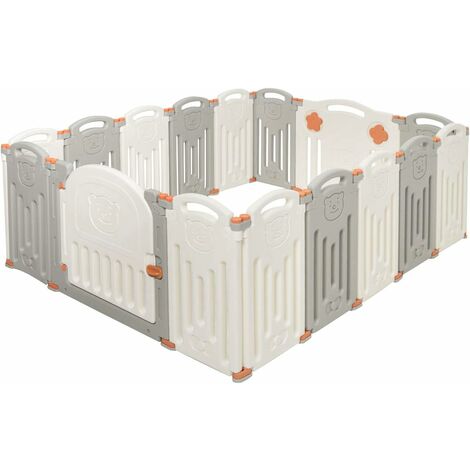 Goplus 16 Pcs Parc Bebe Pliable Avec Motif D Ours Avec Panneau De Jeu Porte Et Serrure De Securite Combinable En Differentes Formes Convient Aux Bebes 3 Mois A 6 Ans Gris Et Beige