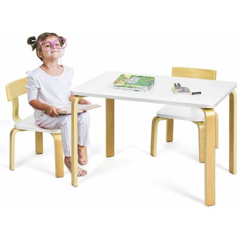 Ensemble de table et chaises enfant - set de 4 pièces - table, 2 chaises,  banc coffre 2 en 1 - mdf pin blanc gris - Conforama