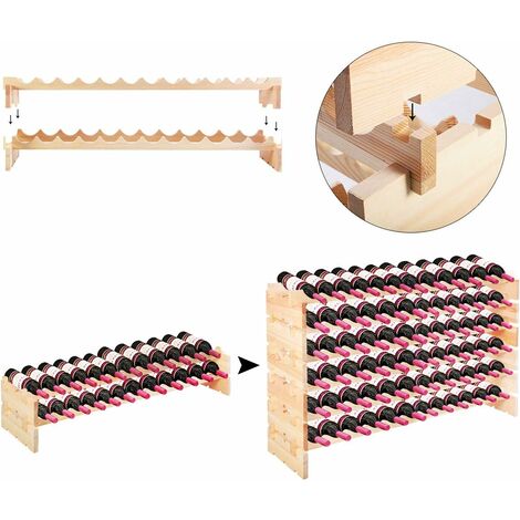 Casier à Vin 72 Bouteilles En Pin Massif - 6 Étages Superposables, 119x29x71,5cm, Stockage Incliné Naturel