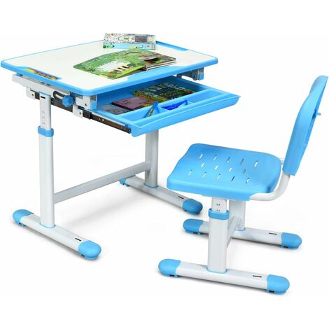 GOPLUS Ensemble Bureau et Chaise pour Enfant avec Hauteur Reglable et Table Inclinable, avec Tiroir et Crochet sur Cote pour Les Sacs a Dos, Encadrement en Fer, Design Ergonomique ,bleu (1/5)