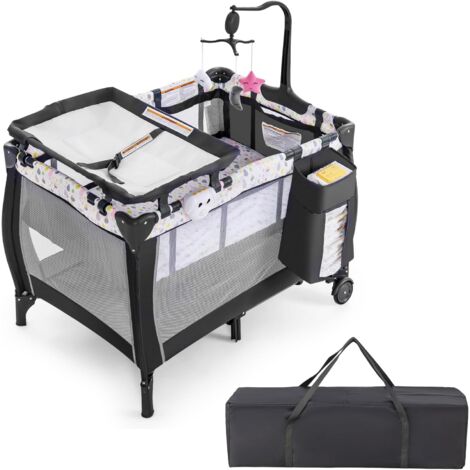 Goplus – Lit parapluie bébé 3 en 1 – Couffin amovible – Table à langer avec ceinture – Matelas 120 x 60 cm – Roulettes avec frein – Sac de transport