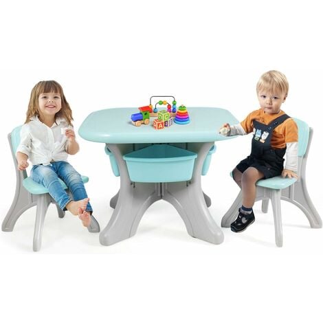 Ensemble table avec 4 bacs de rangement et 2 chaises bleu