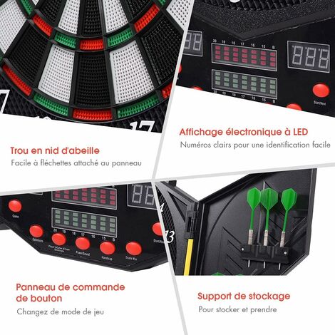 Homcom Cible jeu de flechettes electronique professionnel adaptateur 27  jeux jusqu'à 8 joueurs LED haut-parleur noir 