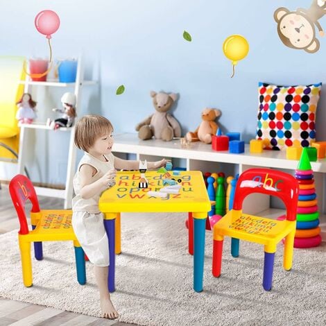 GOPLUS Ensemble Table et Chaises pour Enfants, Table Chaise  Multifonctionnelles en Plastique pour Enfant avec Alphabets