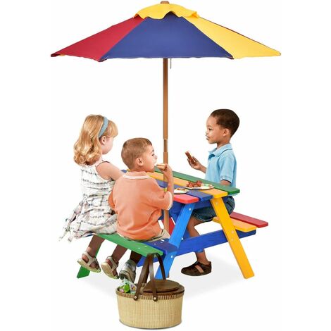 Goplus – Table de pique-nique pour enfants en bois avec parasol 140 cm – 3 couleurs vives – Dimensions H140 x Ø120 cm – Ensemble table et bancs d'extérieur