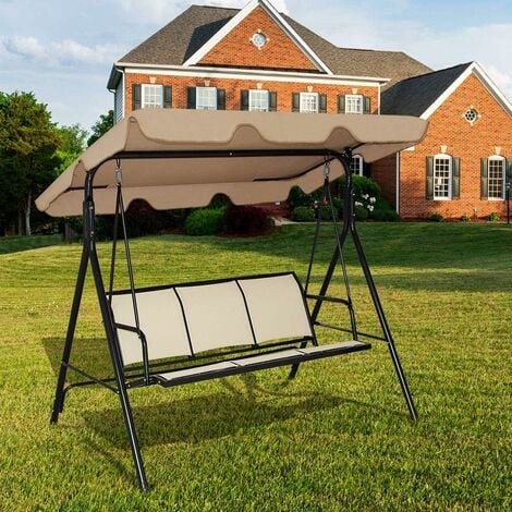 GOPLUS Balancelle de Jardin 3 Places 170x120x153CM-avec Auvent Réglable-Swing de Jardin Tissu en Textilène-Cadre en Acier-Brun