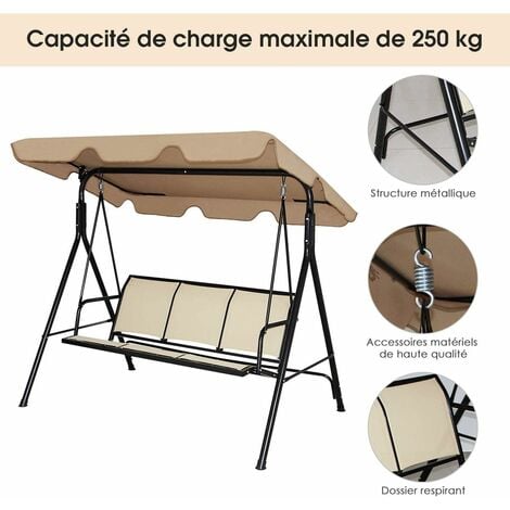 GOPLUS Balancelle de Jardin 3 Places 170x120x153CM-avec Auvent Réglable-Swing de Jardin Tissu en Textilène-Cadre en Acier-Brun