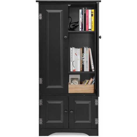 GOPLUS Meuble de Rangement sur Pieds, avec Quatre Grandes Etageres, Panneau de Stockage Reglable, Structure Simple et Retro, Porte avec Manche et Base Magnetique, pour Salon, Couloir etc. (Noir) (1/5)