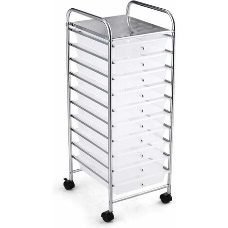 GOPLUS Chariot de Rangement 10 Tiroirs à roulettes, Tour de Rangement à roulettes, Tiroirs en Plastique&Cadre en Acier, pour Chambre, Bureau, 37x33x86CM (Blanc) (1/5)