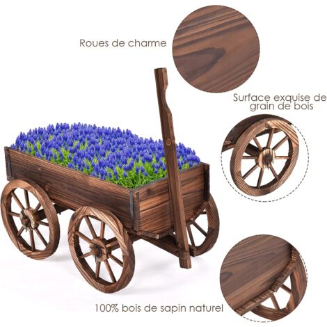 Brouette à Fleurs Jardinière en Bois à Roues avec Poignée Réglable et Trou de Drainage, Convient pour Ferme, Patio, Jardin, Cour