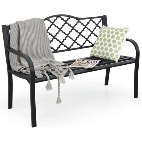 Goplus – Banc de jardin en fer antirouille pour 2-3 personnes – Accoudoirs incurvés – Charge max 227 kg – Dimensions 128x52x82,5 cm – Design élégant (1/5)