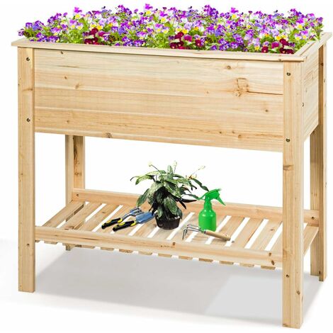 Goplus – Carré potager sur pieds en sapin naturel – Jardinière rectangulaire 91,5 x 40,5 x 80,5 cm – Charge max 80 kg – Étagère de rangement intégrée (1/5)