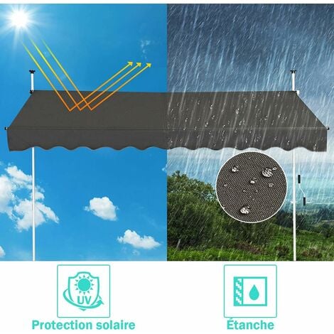 GOPLUS Store Banne Manuel Rétractable 3x1,2M en Aluminium-sans Perçage-Hauteur Réglable 2-3M-Auvent Banne de Balcon sur Pied,Gris