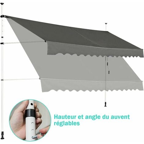 GOPLUS Store Banne Manuel Rétractable 3x1,2M en Aluminium-sans Perçage-Hauteur Réglable 2-3M-Auvent Banne de Balcon sur Pied,Gris
