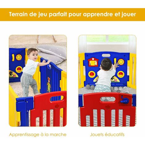 GOPLUS 8 Pcs Parc Bebe Pliable, Barriere de Securite, Parc en Plastique,Porte et Jouet Extensible pour Enfant de 6 a 36 Mois,157x157x63CM(Bleu+Jaune