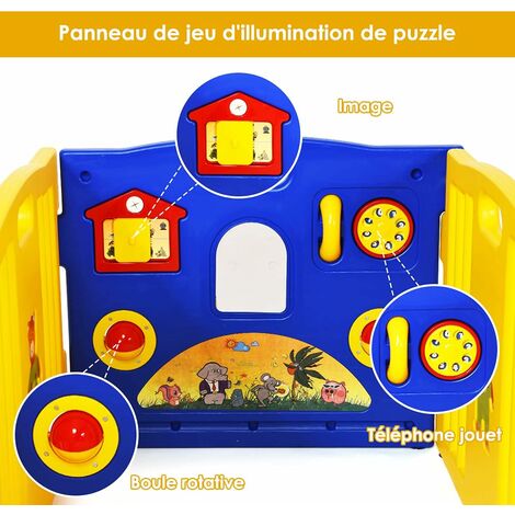 GOPLUS 8 Pcs Parc Bebe Pliable, Barriere de Securite, Parc en Plastique,Porte et Jouet Extensible pour Enfant de 6 a 36 Mois,157x157x63CM(Bleu+Jaune