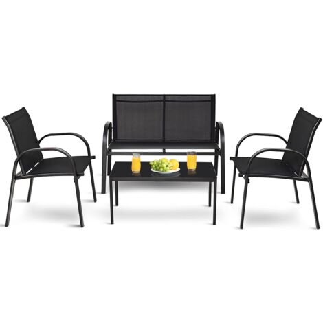 GOPLUS 4 Pieces Salon de Jardin en Tissu-1 Chaise Double/2 Chaises Simple/1 Table Basse-Charge Totale 390KG-Accoudoir Lisse Noir (1/5)