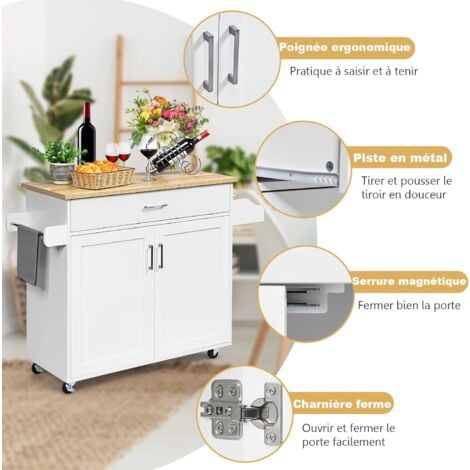 GOPLUS Desserte de Cuisine a roulettes avec 2 Etagere et 1 tiroirs, Chariot de Rangemant en Bois avec Porte-Serviettes pour Cuisine et Salon, 116 x 40 x 85 CM (Blanc)