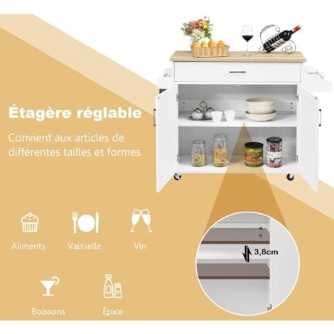 GOPLUS Desserte de Cuisine a roulettes avec 2 Etagere et 1 tiroirs, Chariot de Rangemant en Bois avec Porte-Serviettes pour Cuisine et Salon, 116 x 40 x 85 CM (Blanc)