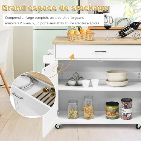 GOPLUS Desserte de Cuisine a roulettes avec 2 Etagere et 1 tiroirs, Chariot de Rangemant en Bois avec Porte-Serviettes pour Cuisine et Salon, 116 x 40 x 85 CM (Blanc)