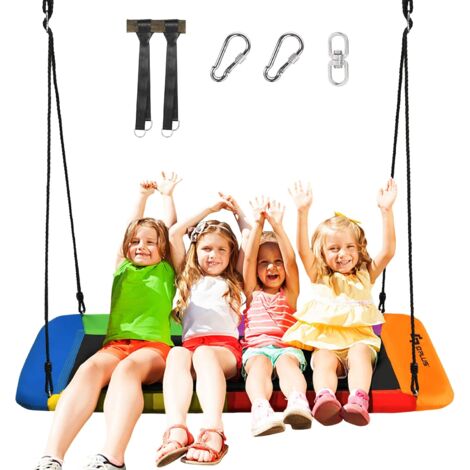GOPLUS Balancoire Rectangulaire Suspendue d'Exterieur, Nid d’Oiseaue de Cordes Reglables 100-180CM, Siege Suspendue Exterieur pour Enfants, Jusqu’a 315 KG,150 x 80CM (Multicolore)