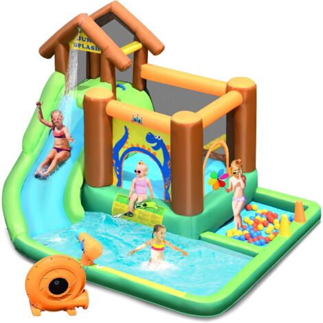 Goplus – Château gonflable dinosaure 368x303x230cm – Toboggan, piscine, zone de saut – Capacité 5 enfants jusqu'à 135kg – Avec souffleur