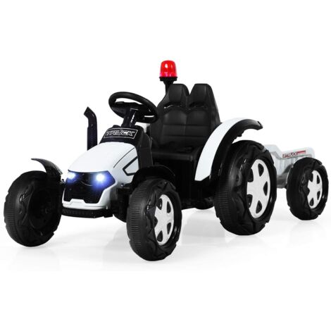 GOPLUS Tracteur Electrique avec Remorque, Voiture Vehicule Electrique pour Enfants 12V 7Ah avec Telecommande 2,4G,Convient aux Enfants de 3 a 8 Ans avec Lumieres, Musique (Blanc)