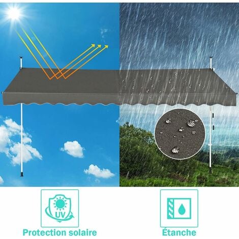 GOPLUS Store Banne Manuel Rétractable 4x1,2M en Aluminium-sans Perçage-Hauteur Réglable 2-3M-Auvent Banne de Balcon sur Pied,Gris