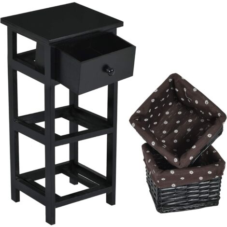 GOPLUS Commode Rangement 1 Tiroir et 2 Paniers Etagere en Bois,Table De Chevet en Bois Moderne,Unite De Rangement d'Armoires avec Tiroir et Panier Tisse en Osier Amovible (Noir) (1/5)