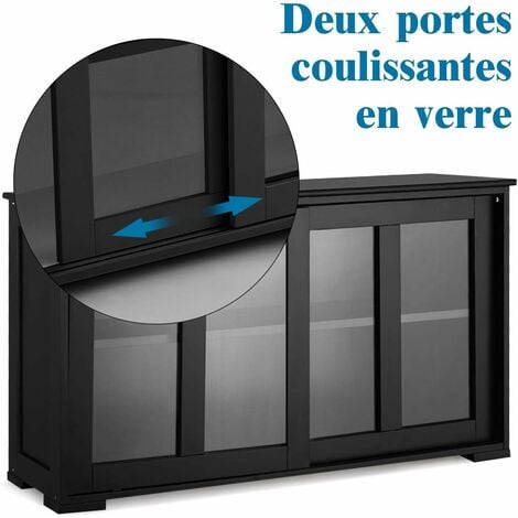 GOPLUS Buffet Commode Bas avec 2 Etageres, Tablette Hauteur Reglable, Vaisselier/Bahut de Cuisine avec Porte Coulissante, Meuble de Rangement en MDF (106,5 x 33 x 62,5 CM, Noir (Porte Verre))