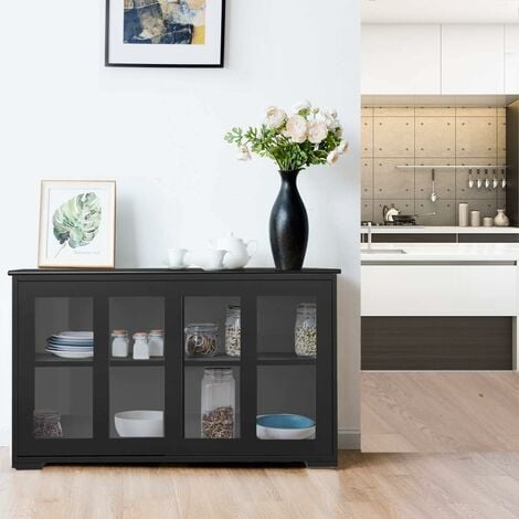 GOPLUS Buffet Commode Bas avec 2 Etageres, Tablette Hauteur Reglable, Vaisselier/Bahut de Cuisine avec Porte Coulissante, Meuble de Rangement en MDF (106,5 x 33 x 62,5 CM, Noir (Porte Verre))