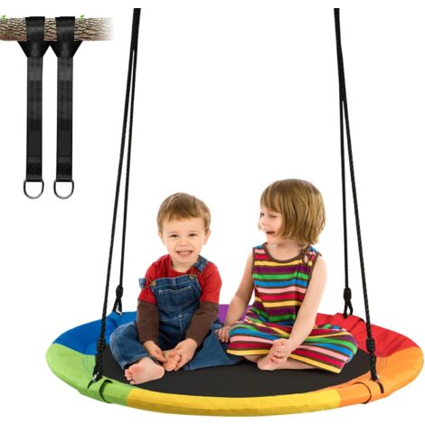 GOPLUS Balancoire Nid d’Oiseau Rond pour Enfant, Adulte Ø100CM avec Cordes de Suspensions Reglables 100-160 CM, Convient a Jardin, Patio, Charge Maximale 150KG (Colore, Cordon de Suspension) (1/5)