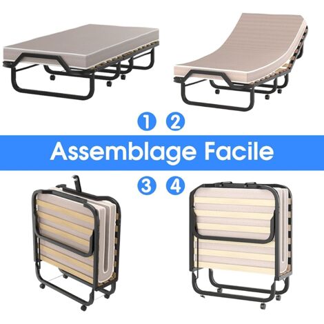 Lit Pliant HOMCOM 90x200 Cm Avec Matelas 10 Cm - Roues Pivotantes, Charge 150 Kg - Pour Invités Ou Bureau