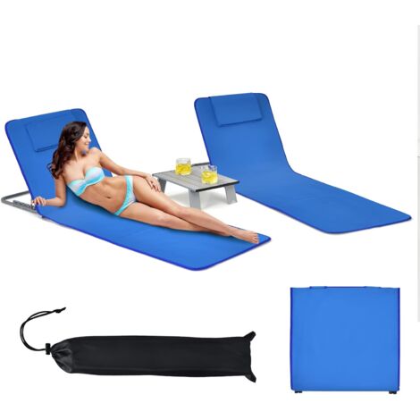 GOPLUS Ensemble de 2 Chaises de Plage a 5 Positions et Table Basse, 2 Chaises de Plage avec Appuie-tetes, Table d’Appoint Portable, Conception Pliable, Peu Encombrants, Tapis Bain de Soleil (Bleu) (1/5)