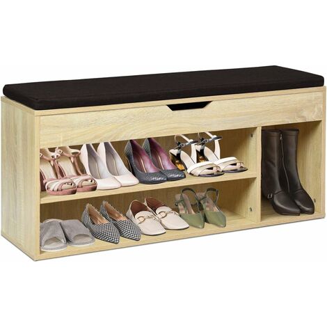GOPLUS Banc a Chaussures avec Coussin, Meuble a Chaussure Multifonctionnel en Bois, Commode a Chaussures pour Entree, 104 x 30 x 48CM, Blanc/Bois (Bois) (1/5)