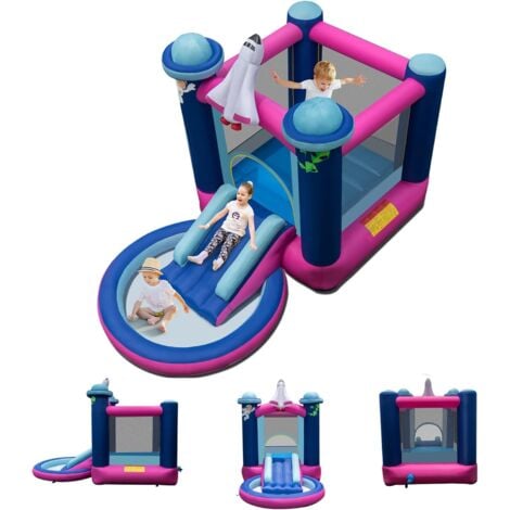 GOPLUS Château Gonflable Astre Vaisseau Spatial, Aire de Jeux Aquatique Gonflable avec Zone de Saut, Toboggan Piscine pour 3 Enfants de 3 a 10 Ans, Jusqu’a 135KG (sans Souffleur)