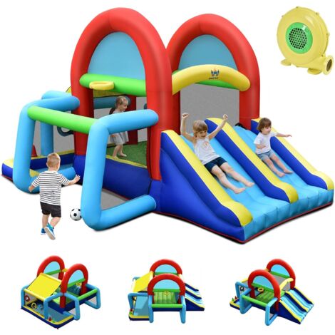 GOPLUS 8 en 1 Château Gonflable avec Double Toboggans,Trampoline,But de Football,Panier de Basket,pour 4 Enfants 3- 10 Ans Charge 120KG 424x300x240cm (avec Souffleur 450W)