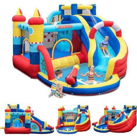 GOPLUS Château Gonflable Pirate,avec Toboggan,Pistolet a Eau et Trampoline,Piscine et Mur d'escalade, pour 3-4 Enfants 3-12 Ans Jusqu’a 120KG, 360X290X200CM(sans Souffleur)