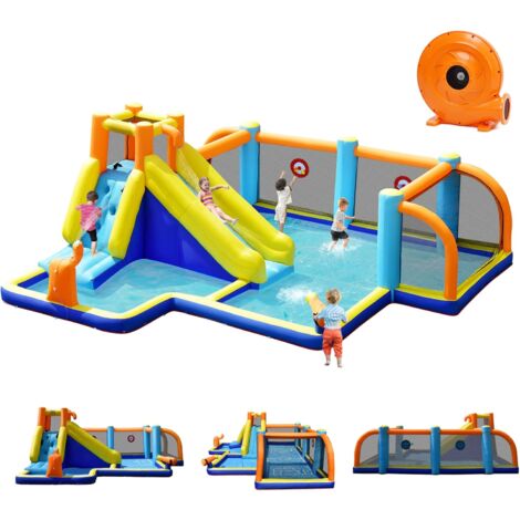 GOPLUS Château Gonflable avec Souffleur 680W,Structure Gonflable avec Toboggan Aquatique,Mur d’Escalade,Piscine,Terrain de Football Jeu de Flechettes pour Enfants de 3-12 Ans 500x465x200cm (1/5)