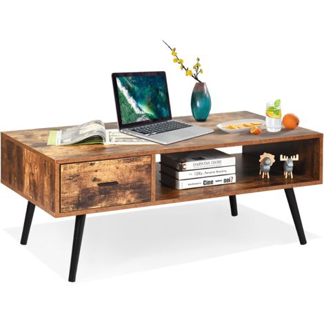 GOPLUS Table Basse de Salon Carree avec Tiroir,Pieds en Bois Massif,Table d’Appoint a Cafe pour Cuisine Chambre Salon, Style Vintage Industriel,109,1x55,1x44,4cm (1/5)