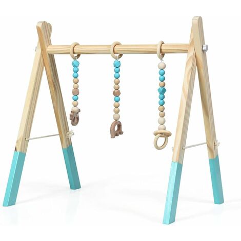 GOPLUS Portique d’Eveil Bebe Pliable en Bois, avec 3 Anneaux de Tirage de Jeu, Structure Triangulaire Stable, Arche d’Eveil pour Bebes Plus de 3 Mois, sans BPA, 60 x 44 x 60 CM (Vert)
