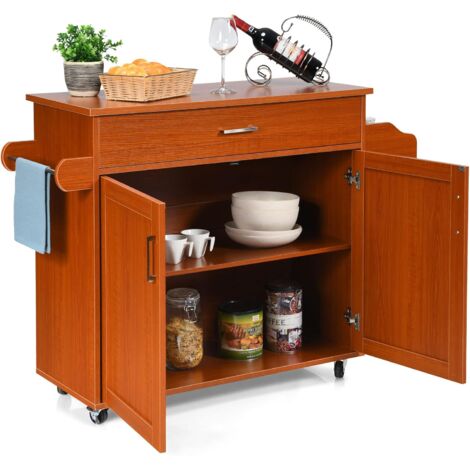 Goplus – Desserte de cuisine sur roulettes – 2 étagères et 1 tiroir – Bois MDF – Dimensions 116 x 40 x 85 cm – Porte-serviettes inclus