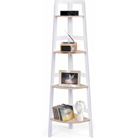 GOPLUS Etagere d’Angle en MDF Etagere de Rangement 3/4 Tablettes pour Salon,Bureau,Chambre-Nature-32x32x103cm/32x32x138cm (4 Etageres) (1/5)