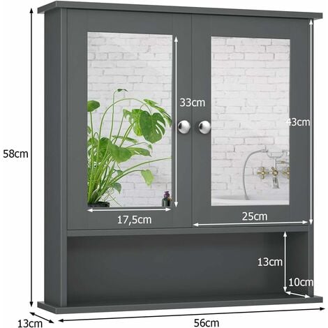 GOPLUS Armoire De Salle De Bain Murale Avec Miroir, 56 X 13 X 58 CM, Armoire De Toilettes Suspendue Avec Tagere Reglable 2 Portes Et 3 Tageres Pour Salle De Bain Entree 56 X 13 X 58 Cm Gris 55569956