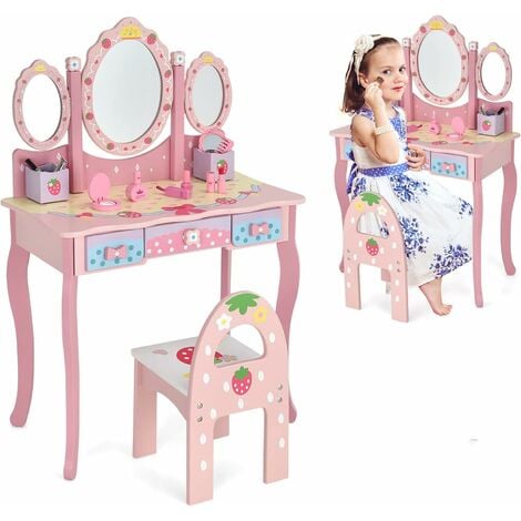 CCLIFE Coiffeuse Enfant Fille, Table de Maquillage avec 3 miroirs