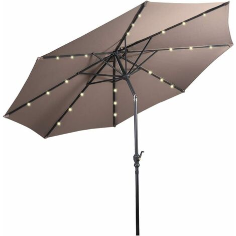 GOPLUS Parasol de Jardin D.300CM-Parasol Patio Droit Inclinable 24 LED Solaire-Poteau Métallique avec Manivelle-Brun(sans Base) (1/5)