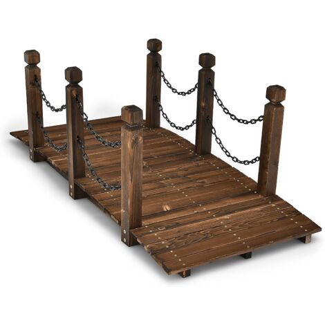 Goplus – Pont de jardin en bois de pin 150 x 67 x 55 cm – Pont décoratif pour piscine extérieure – Ancien pont de paysage marron avec chaînes