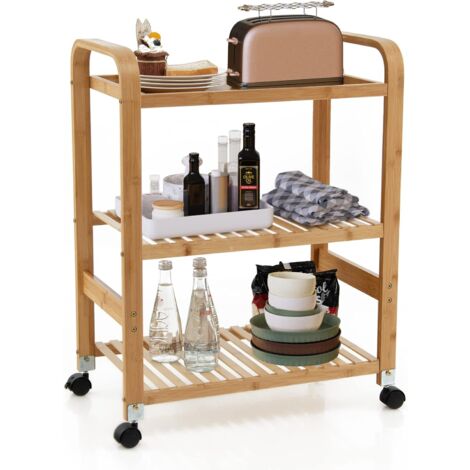 GOPLUS Chariot Roulant de Cuisine en Bambou avec 3 Etageres, Chariot de Rangement avec 4 roulettes Pivotantes Flexibles, Chariot de Service Multifonctionnel, pour Salon/Cuisine, 58 x 33 x 76 CM (1/5)