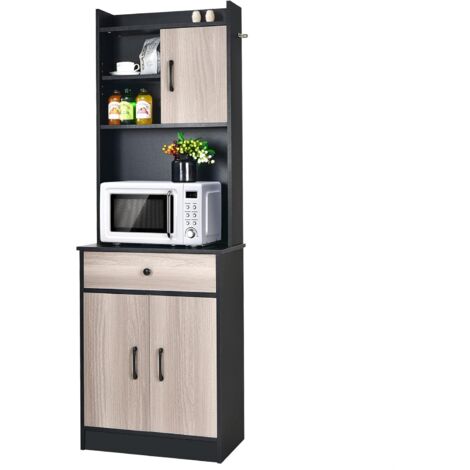Goplus – Buffet de cuisine noir et chêne – L60xP40xH180 cm – 3 portes, 1 tiroir, étagère réglable – Fixations anti-basculement (1/5)